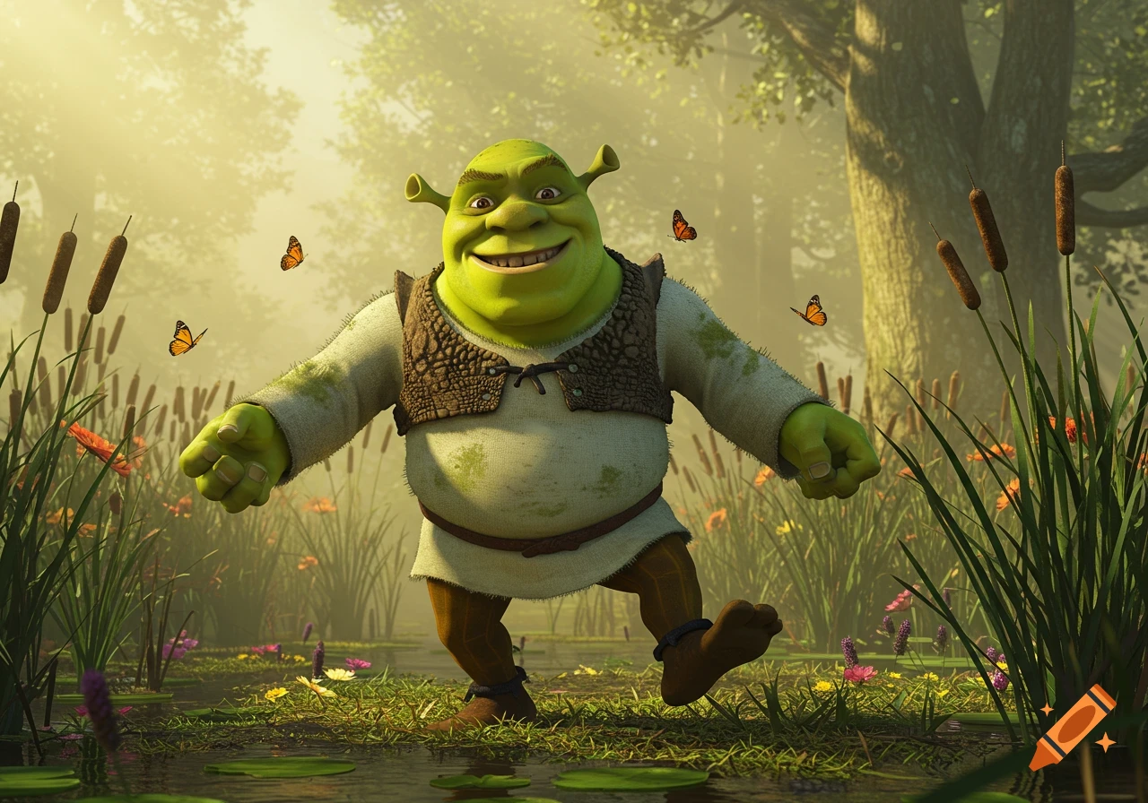 Shrek happily walking through a lush, misty swamp with cattails and butterflies in a photorealistic 3D animation style.