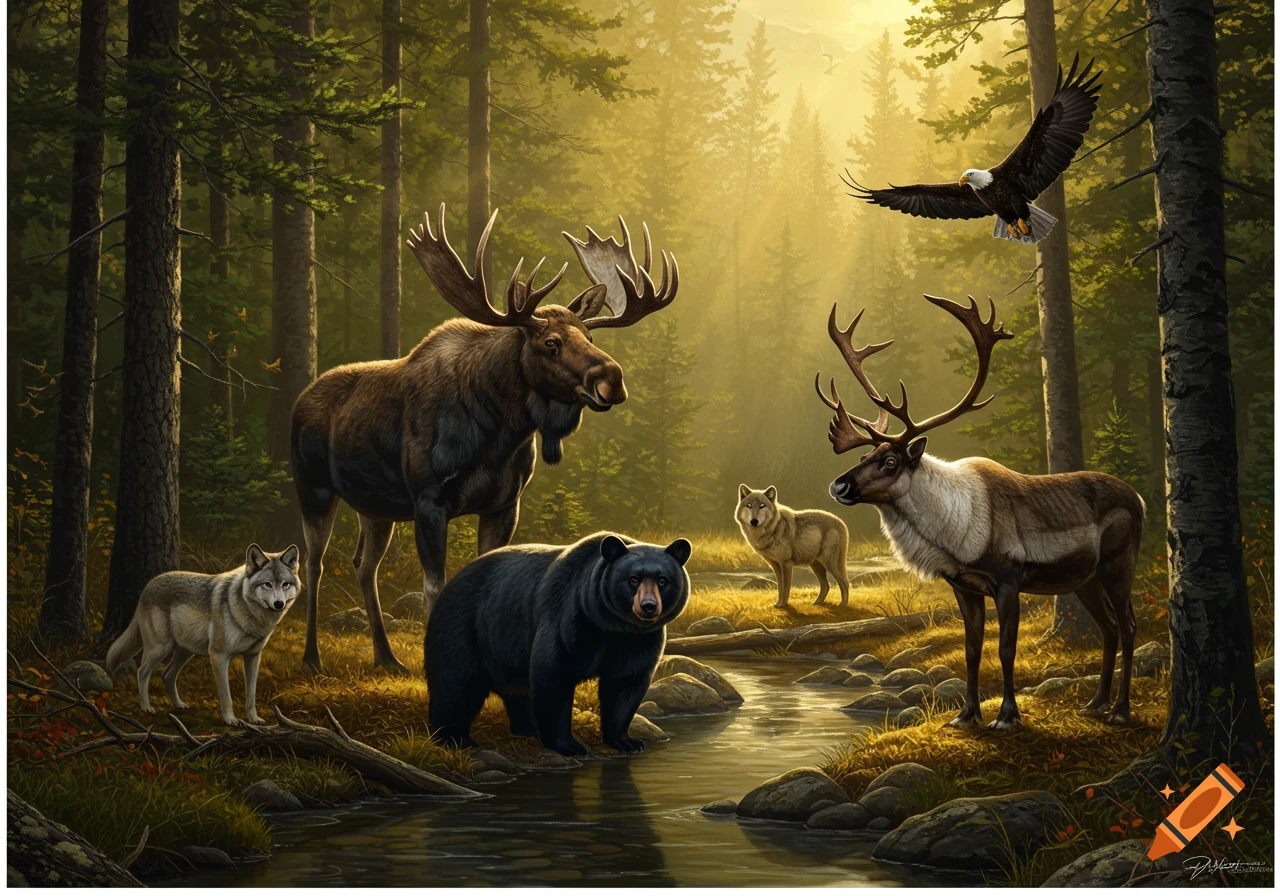 Moose, black bear, caribou, two wolves, and an eagle gather by a stream in a sunlit forest.