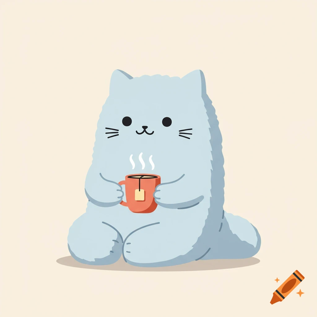 A fluffy pale blue cartoon cat with small hands holds a steaming mug of tea.