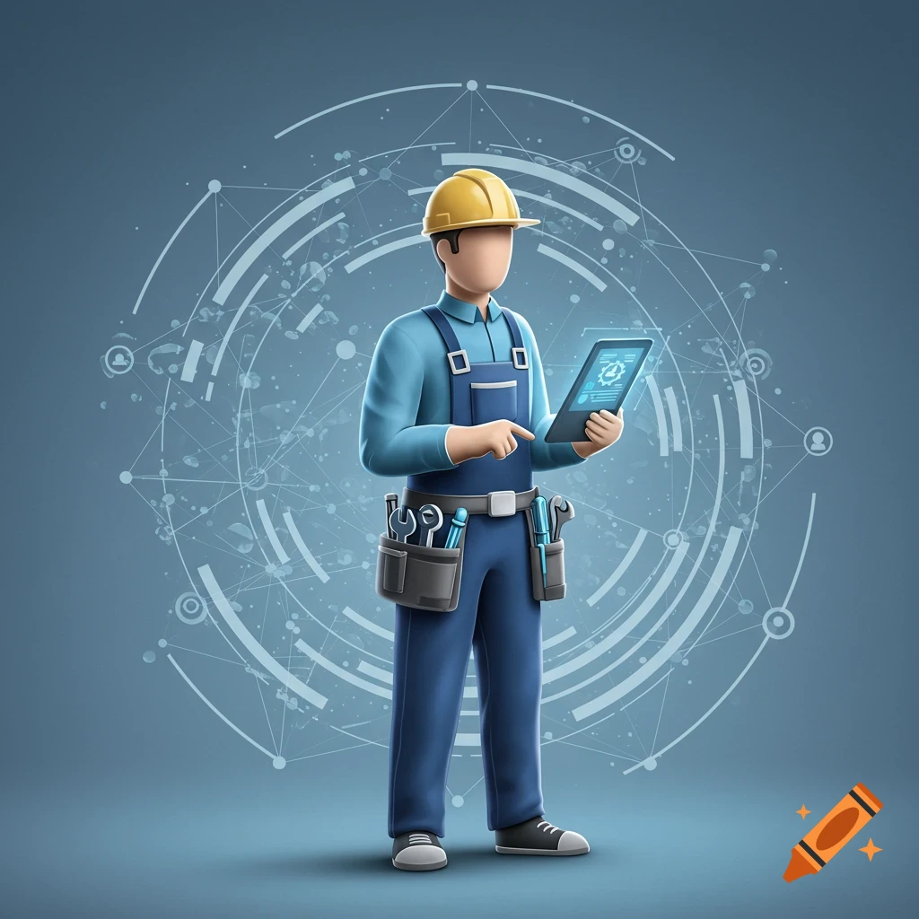 3D cartoon illustration of a field service technician in blue overalls and a hard hat, holding a tablet with a data network background.
