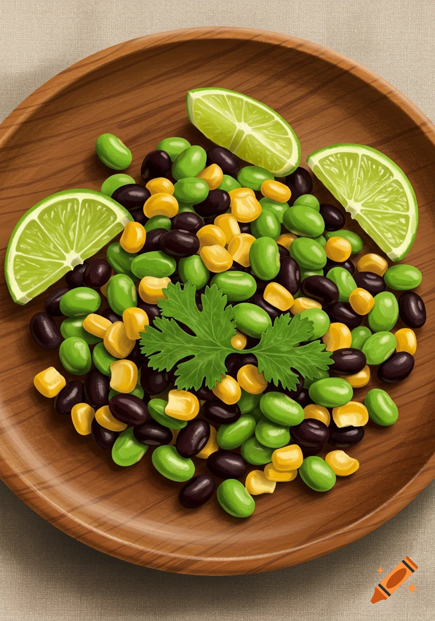 Illustrative overhead view of a colorful salad with black beans, corn, edamame, cilantro, and lime wedges in a wooden bowl.