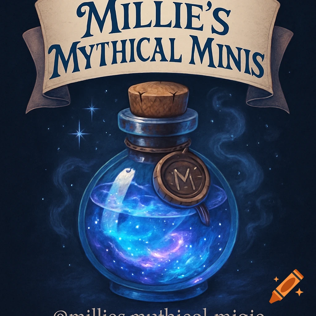 An enchanting fantasy illustration of a glowing blue potion bottle with a cosmic nebula inside, topped with a cork, and a banner reading "Millie's Mythical Minis" above it.