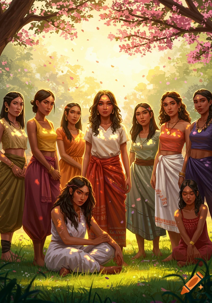 Digital art of several women in colorful attire in a sunlit forest with pink blossoms.