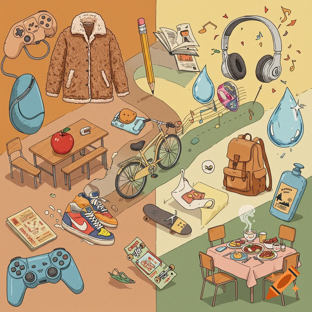 A colorful collage illustration of various items including a video game controller, coat, pencil, bicycle, sneakers, headphones, backpack, and a family dinner.