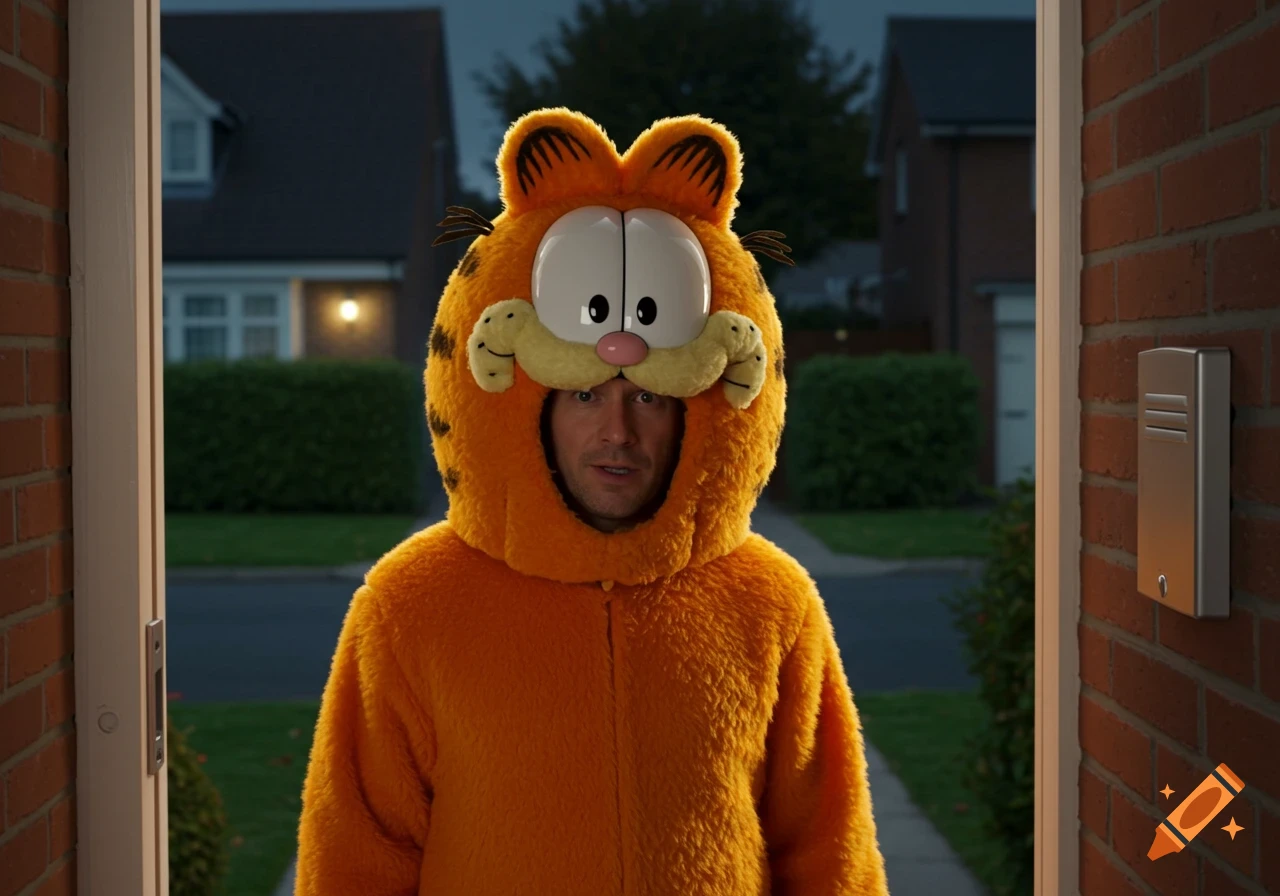 A man in a furry orange Garfield costume stands at a residential doorway at dusk. Photorealistic.