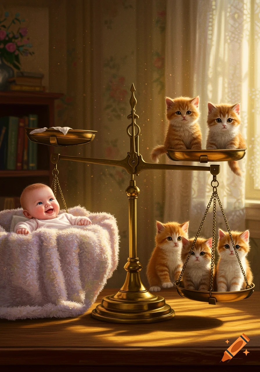 A cute baby in a fluffy basket sits on one side of an old brass scale, balanced by five adorable ginger kittens on the other side.