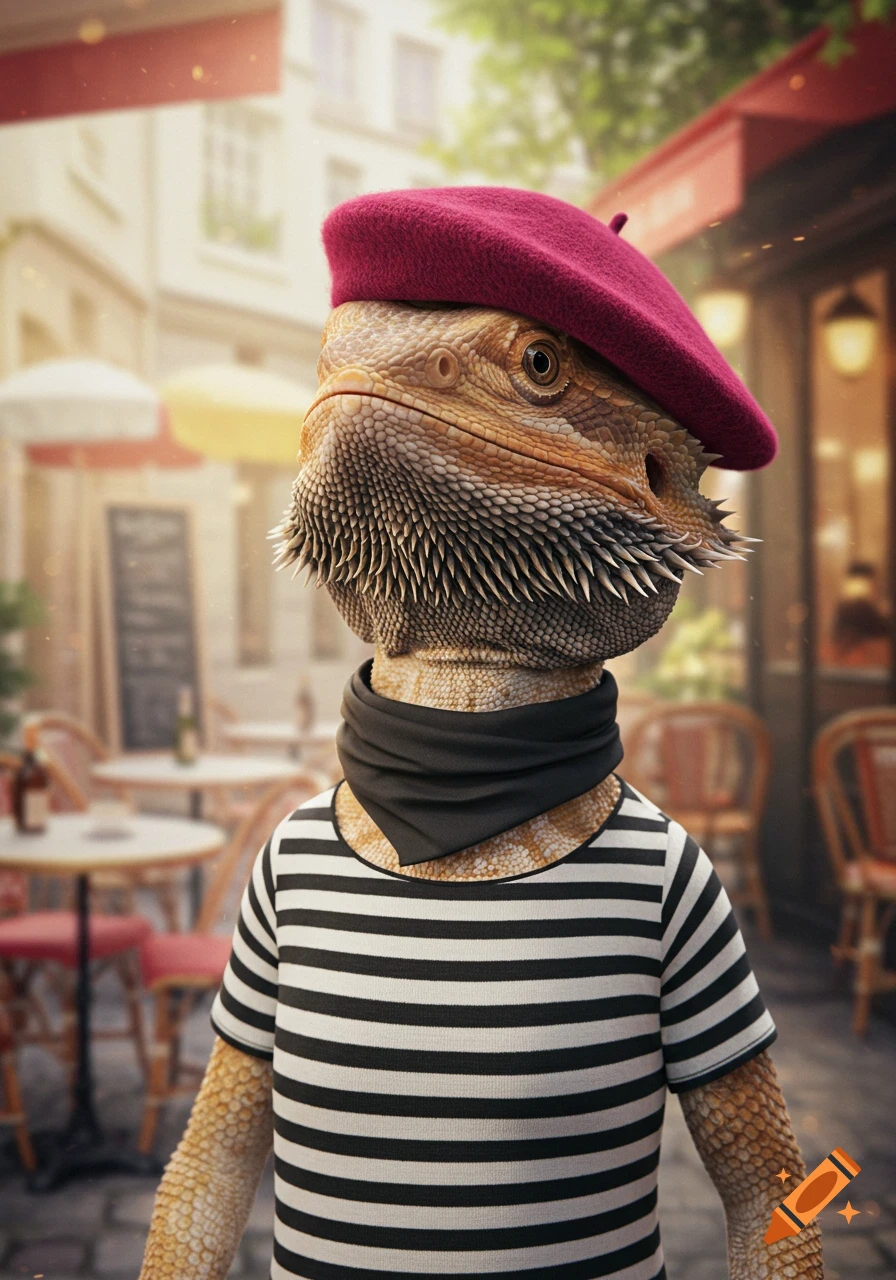 Photorealistic anthropomorphic bearded dragon wearing a red beret, black scarf, and striped shirt in an outdoor cafe.