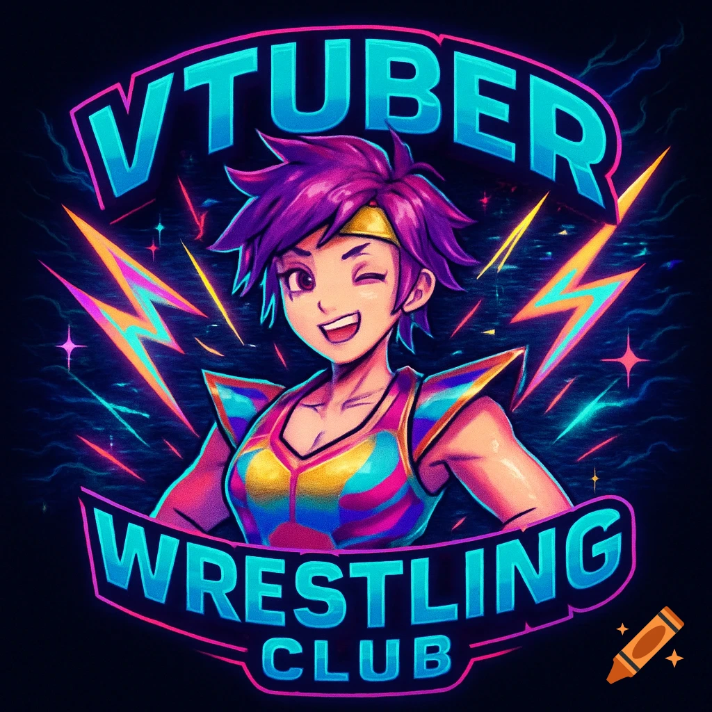 An 80s style anime logo featuring a winking character in a wrestling outfit, with the text 'Vtuber Wrestling Club'.