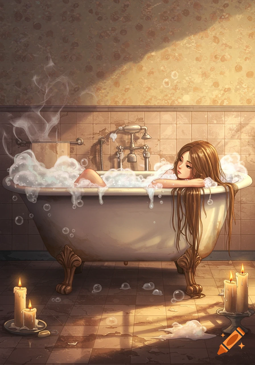 An illustration of a girl relaxing in a bubble bath in a warmly lit bathroom with candles.