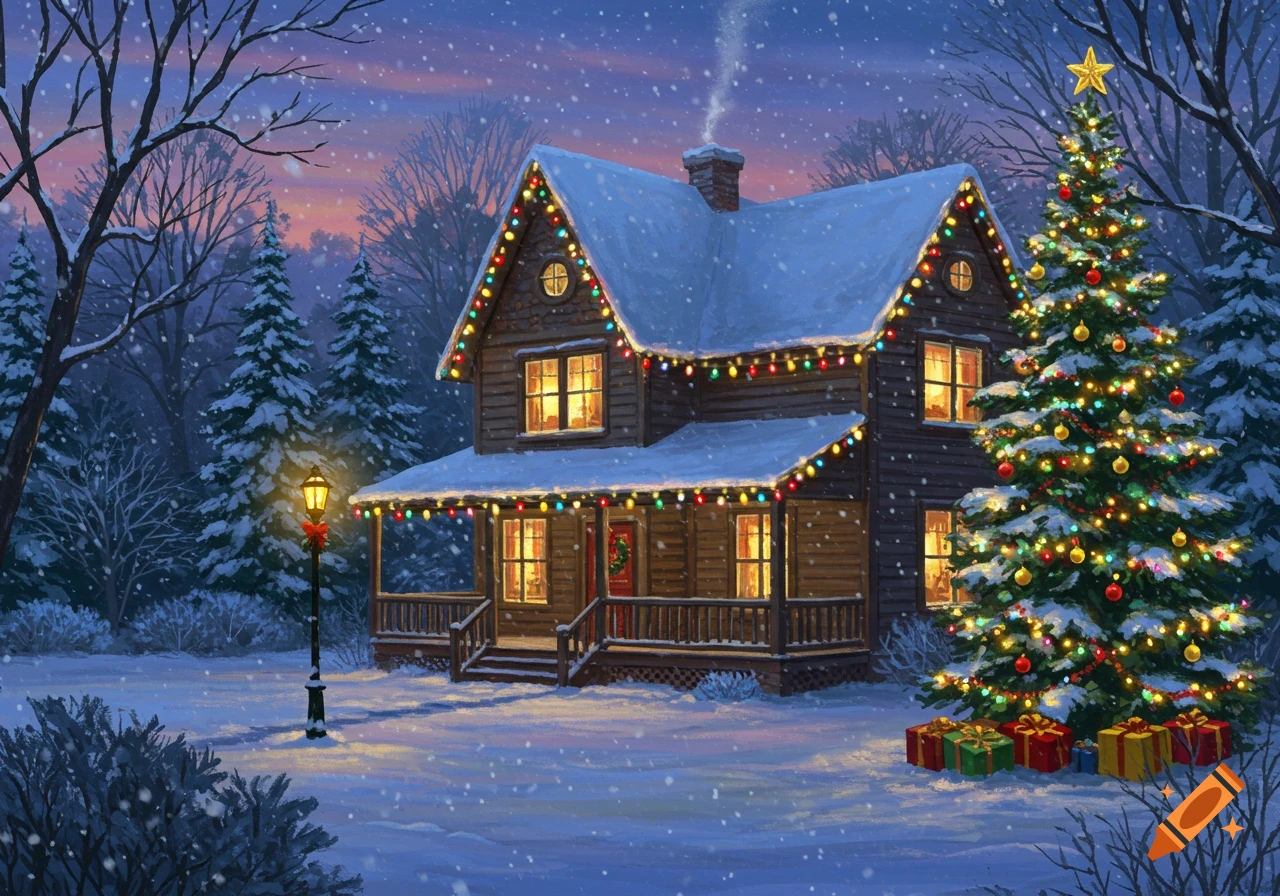 A cozy, snow-covered house decorated with colorful Christmas lights next to a lit Christmas tree in a serene winter night. Painterly.
