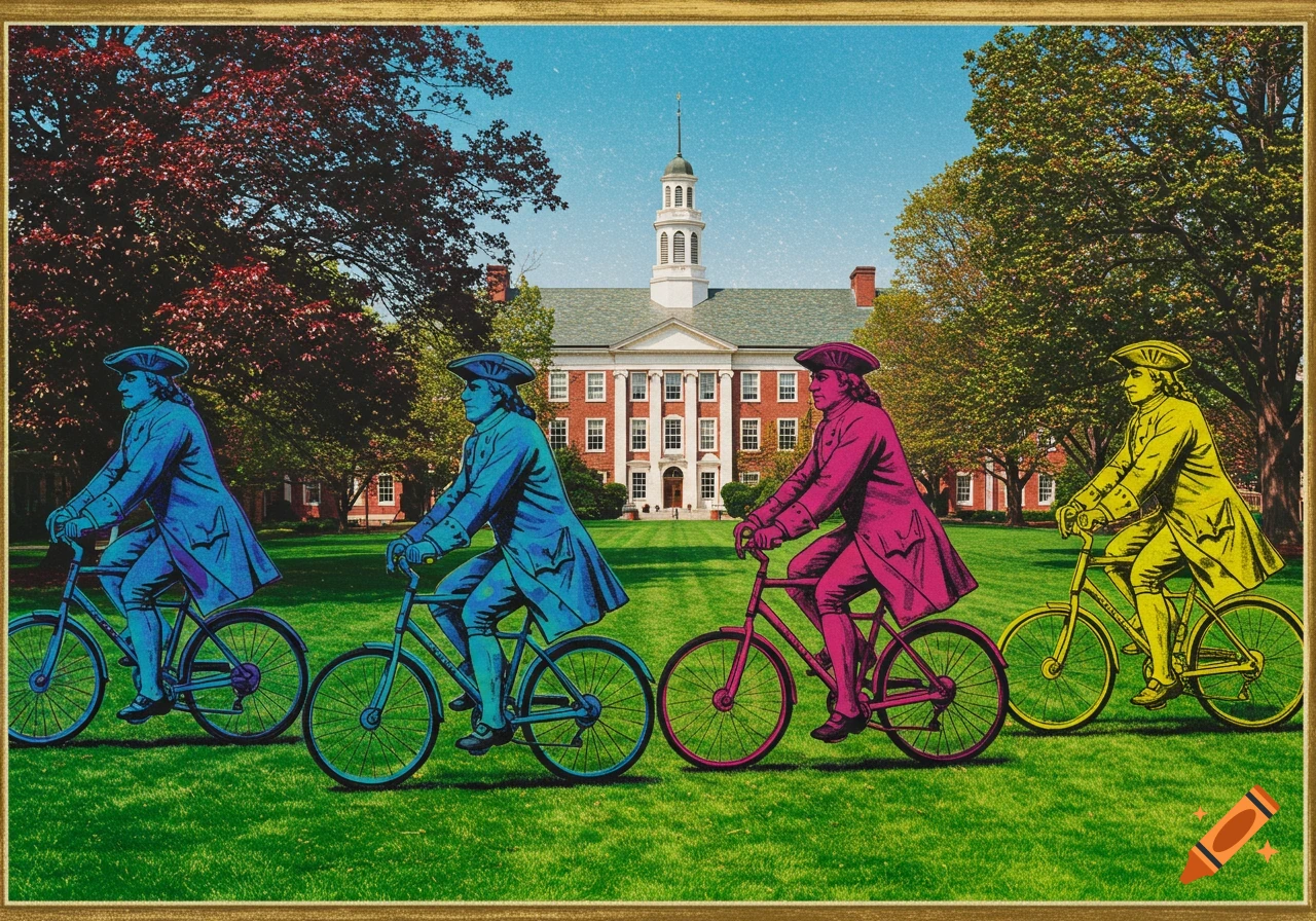 Four pop art figures in colonial attire, resembling Ben Franklin, ride bicycles across a vibrant green college campus lawn, with an old brick building in the background, all framed by a gold border.