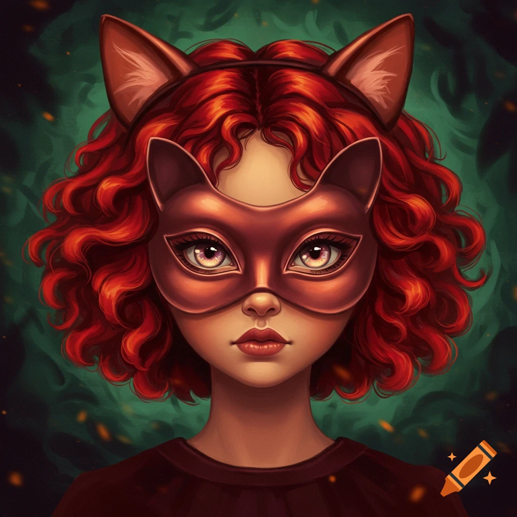 A stylized portrait of a girl with vibrant red curly hair, wearing a bronze cat mask and cat ears, against a dark green background.