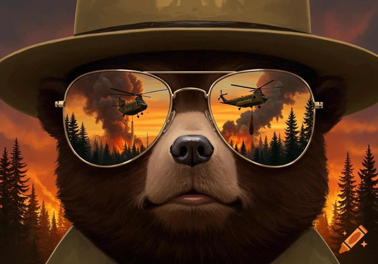 Close-up illustration of Smokey Bear in sunglasses, reflecting two Chinook helicopters fighting a forest fire at sunset.