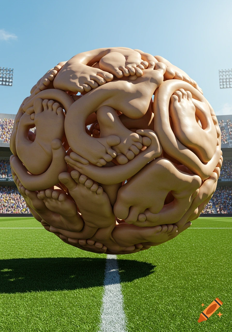A surreal football made of countless intertwined human feet and lower legs floats above a green grass soccer field in a stadium under a blue sky.