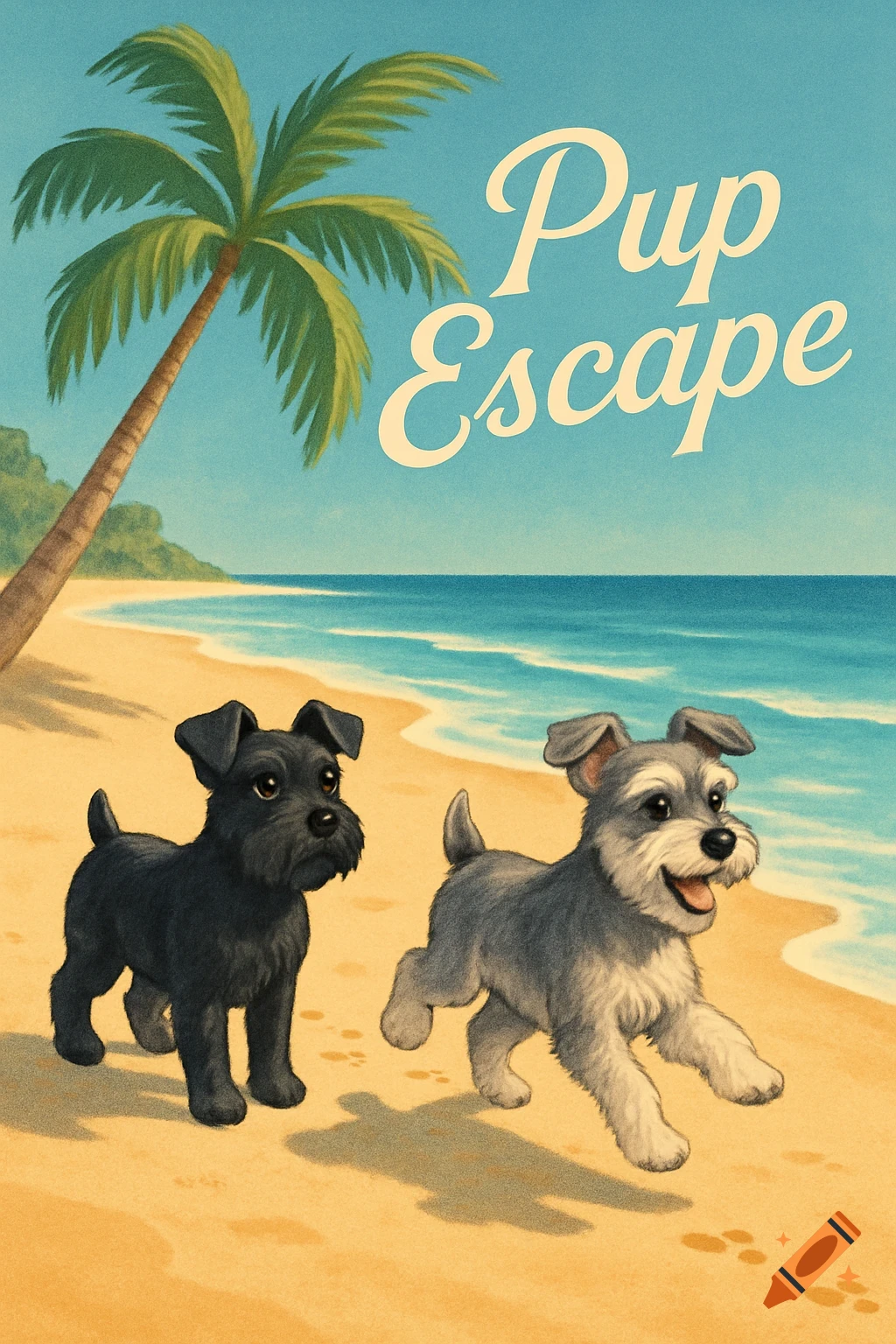 Two illustrated mini schnauzers, one black and one grey, play on a sunny beach with a palm tree and ocean, under the title 'Pup Escape'.