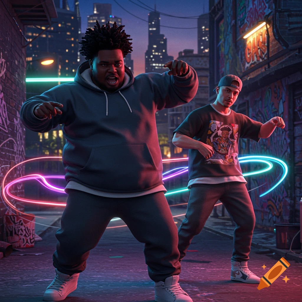 Two hip-hop style men pose on a graffiti-covered urban street at night with glowing neon lines, in a video game art style.