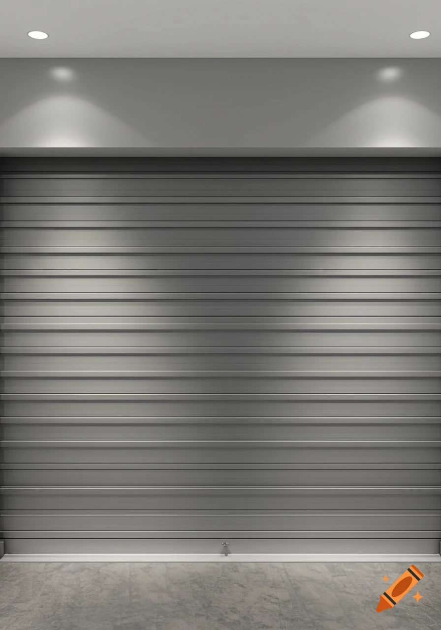 A grey roller shutter door with horizontal slats illuminated by two spotlights from above, set in a light grey wall with a concrete floor.