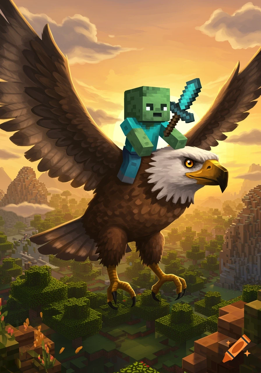 A Minecraft zombie riding on the back of a large eagle flies over a blocky forest at sunset.