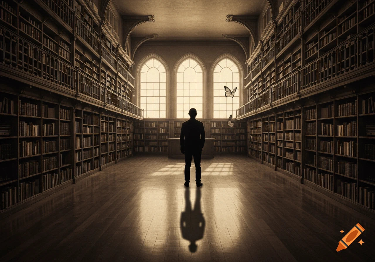 A lone figure stands in a vast, sepia-toned library, silhouetted against three arched windows, with light reflecting on the wooden floor and butterflies flying.