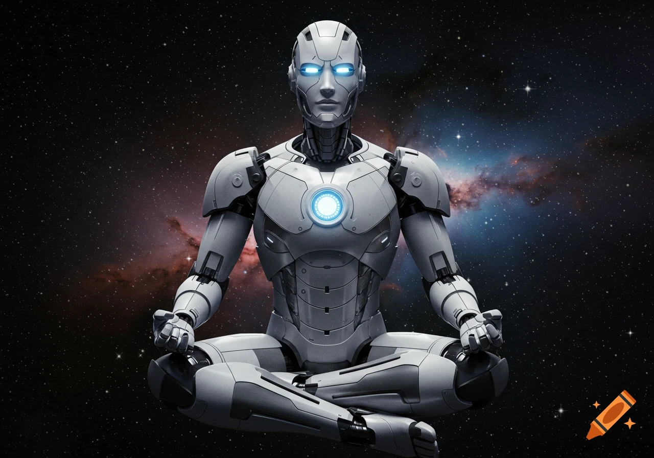 A majestic, hyper-realistic 3D robot deity with glowing blue eyes and white and grey armor meditating in space.