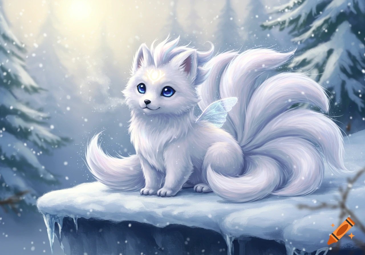Cute white multi-tailed fox-like creature with blue eyes and small wings, with a mark on its head, sitting in a snowy forest. Digital art.