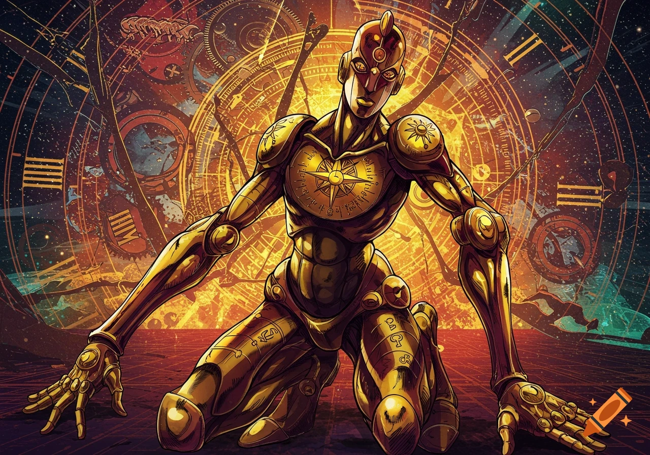 Golden robotic figure with a compass chest and celestial clockwork background in an anime style.