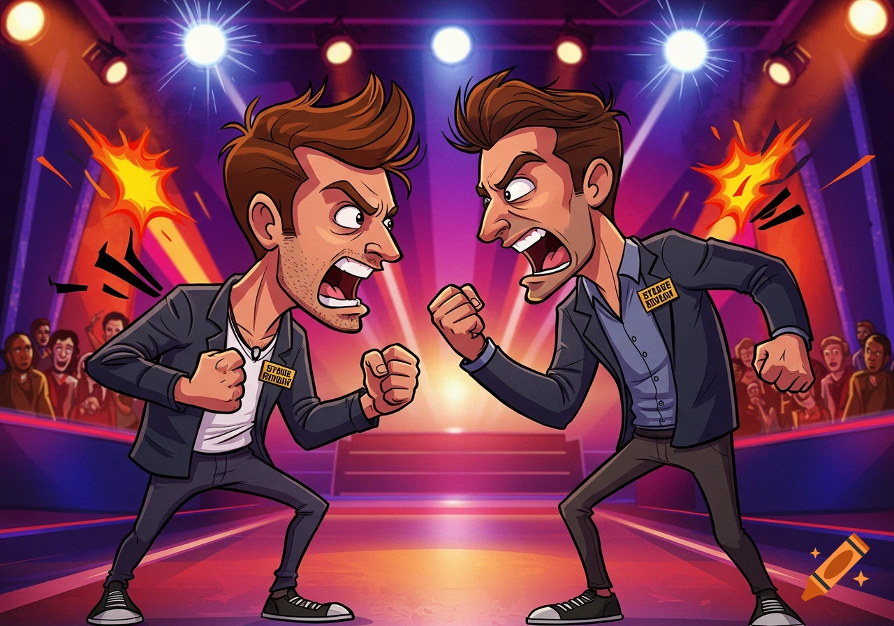 Two cartoon men in suits, angrily confronting each other on a brightly lit stage with an audience, in a dramatic, comic book style.