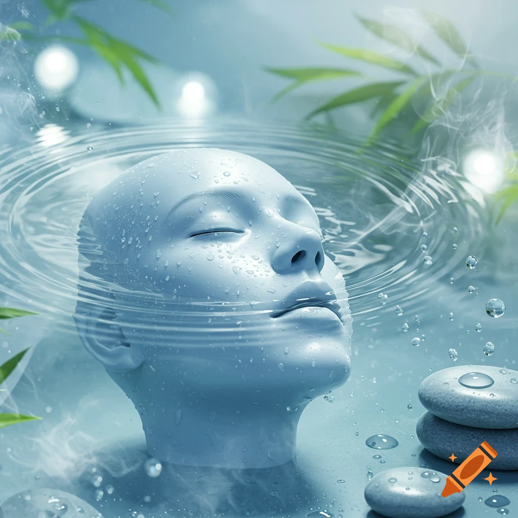 A stylized, pale blue head emerges from water, covered in droplets, with ripples, steam, green leaves, and stacked pebbles. Serene and minimalistic.