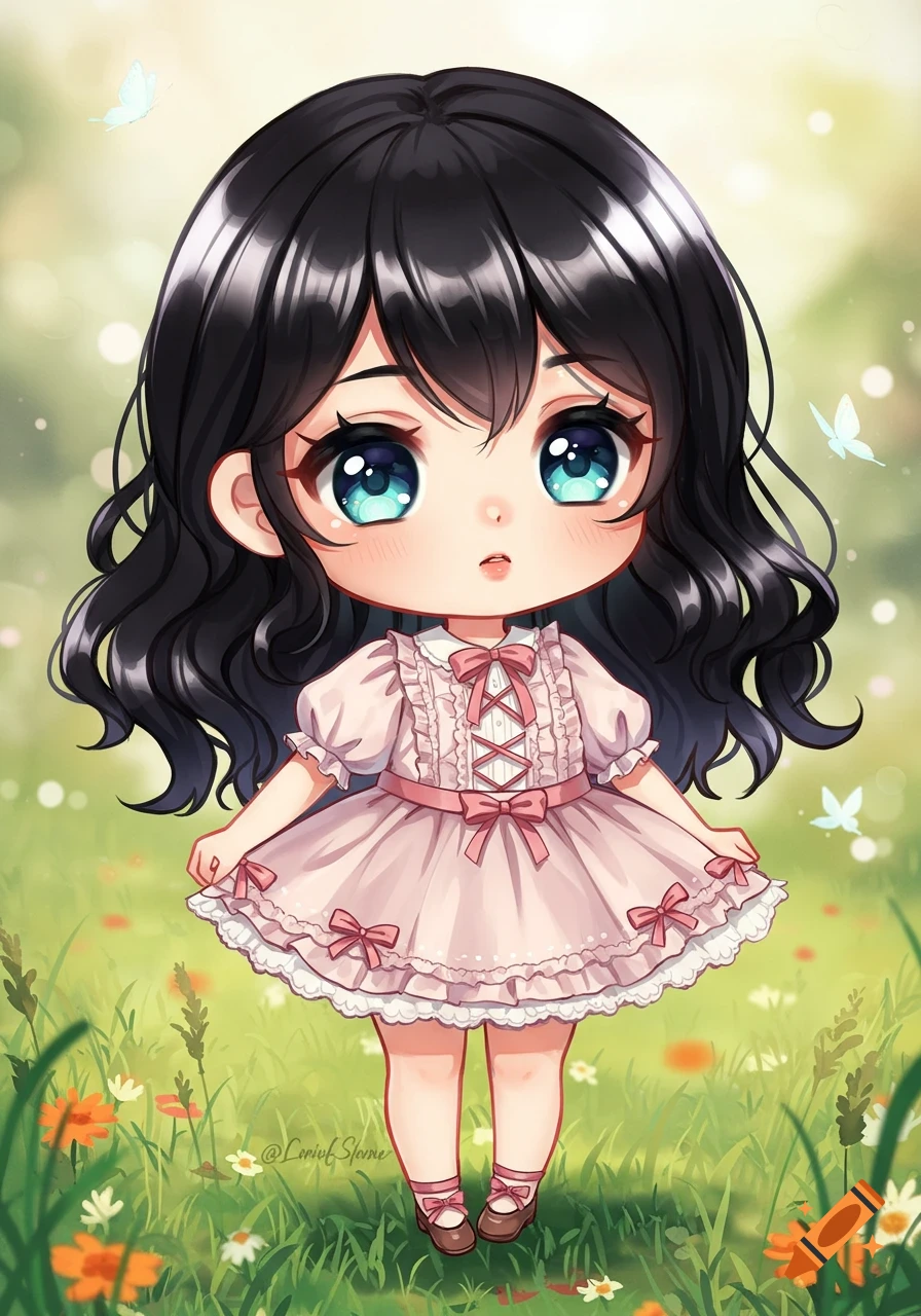 A cute chibi anime girl with black hair and blue eyes in a pink dress stands in a grassy field with flowers and butterflies.