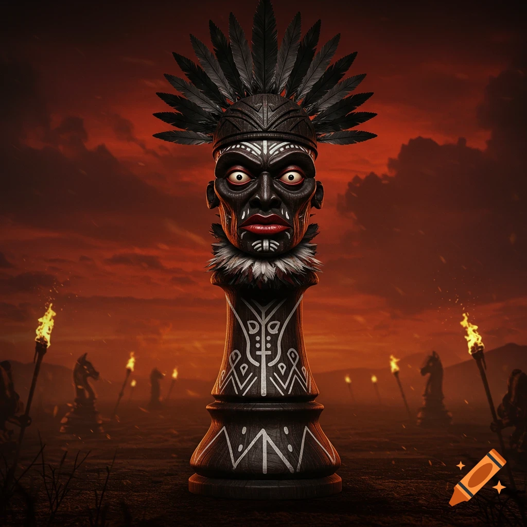 A stylized dark chess piece resembling a fierce, feathered Zulu warrior or totem, with glowing red eyes, against a dramatic red sky and torchlit field.