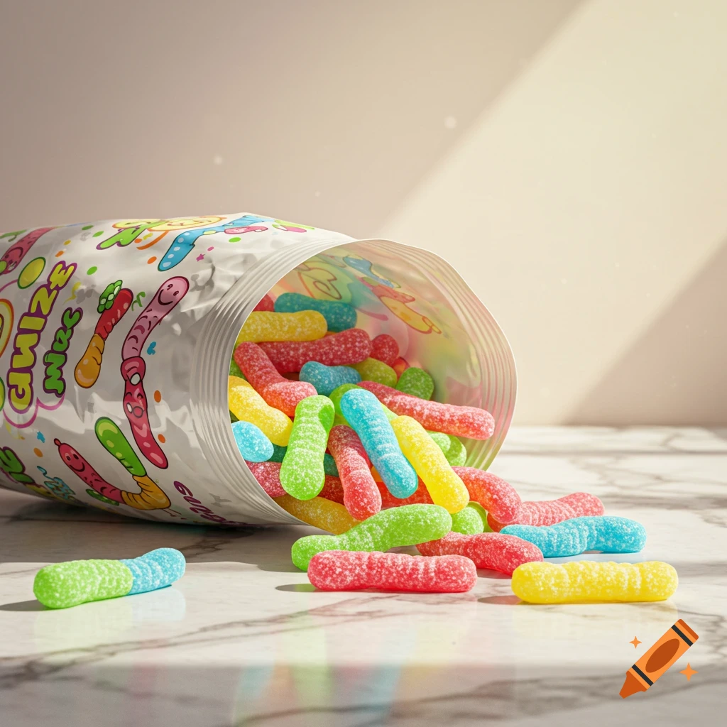 A white bag of colorful, sugar-coated gummy worms spilled onto a marble surface, photorealistic.