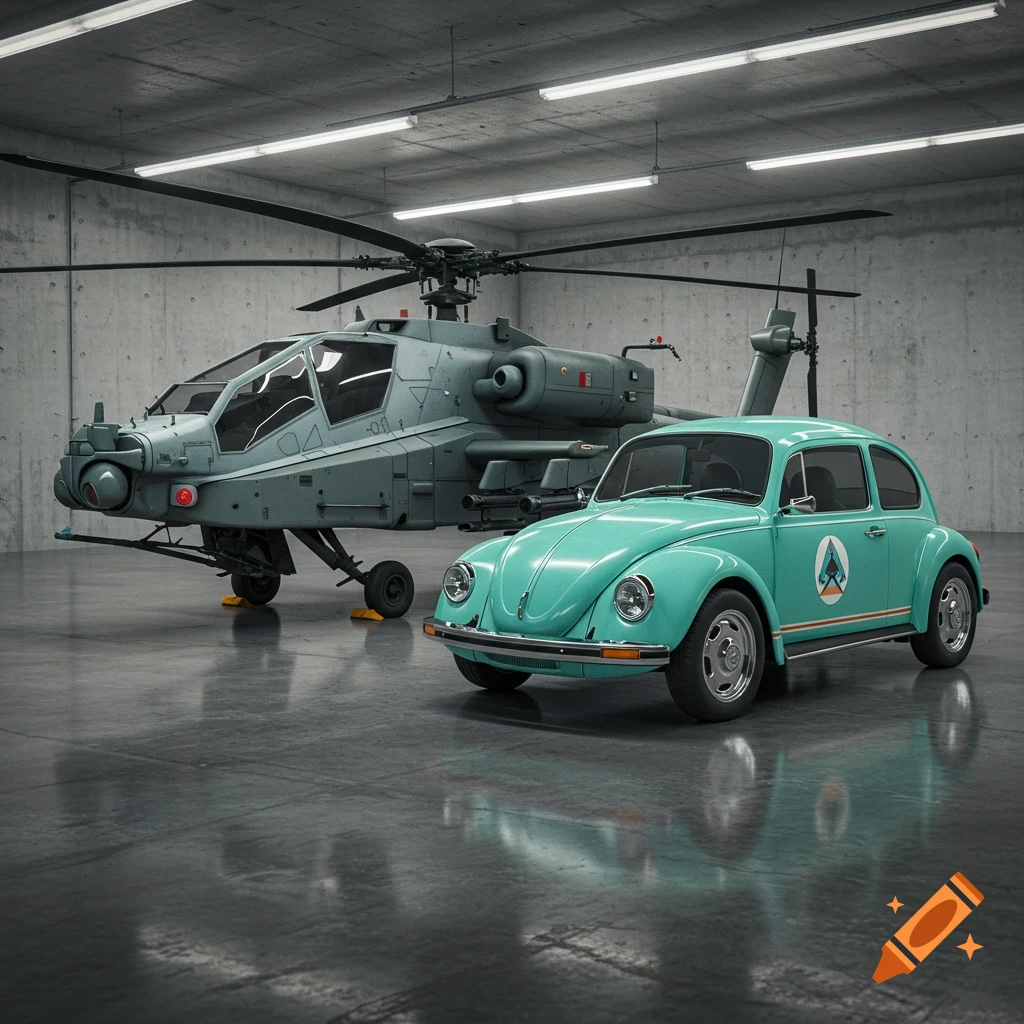 A mint green Volkswagen Beetle car and an AH-64 Apache military helicopter parked in a minimalist concrete garage with bright overhead lights.