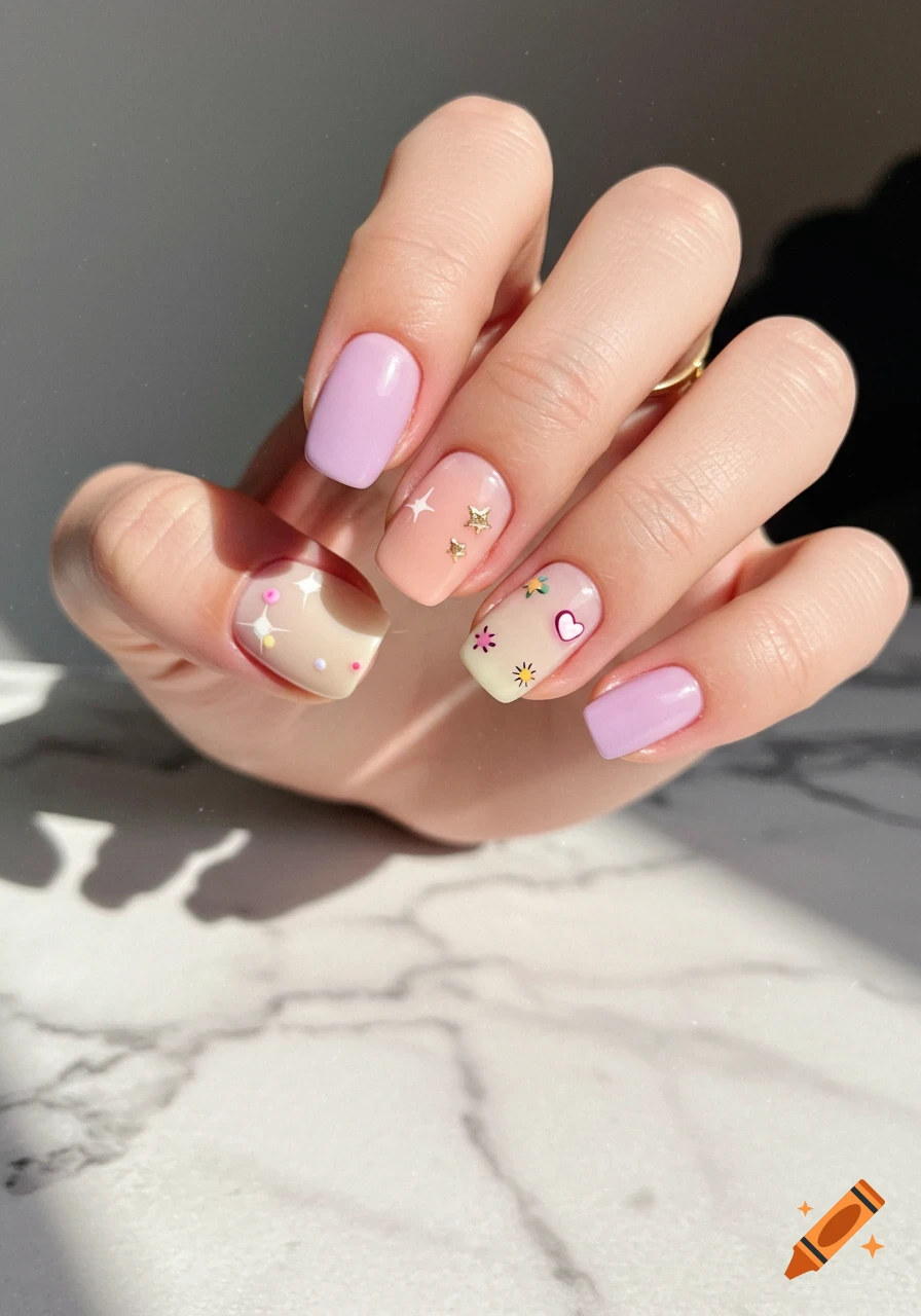 A hand with pastel nail polish and playful designs including stars, dots, a heart, and flowers, resting on a marble surface.