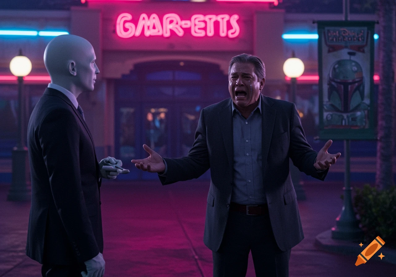 A bald man in a suit faces a crying man in a suit who has his hands out in despair, against a background of neon signs.