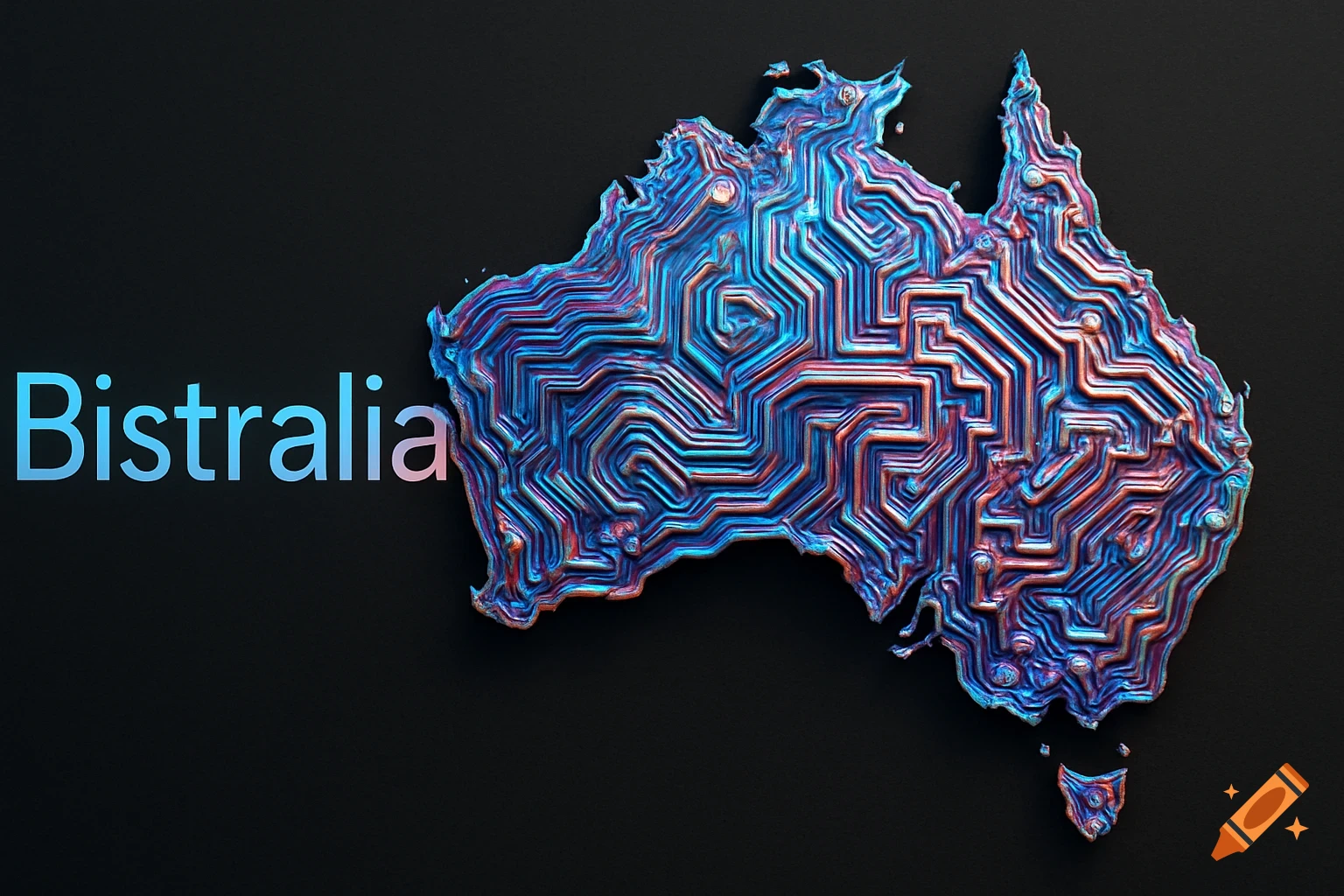 A stylized map of Australia textured like colorful bismuth crystals or a circuit board, with the word 'Bistralia' on the left.