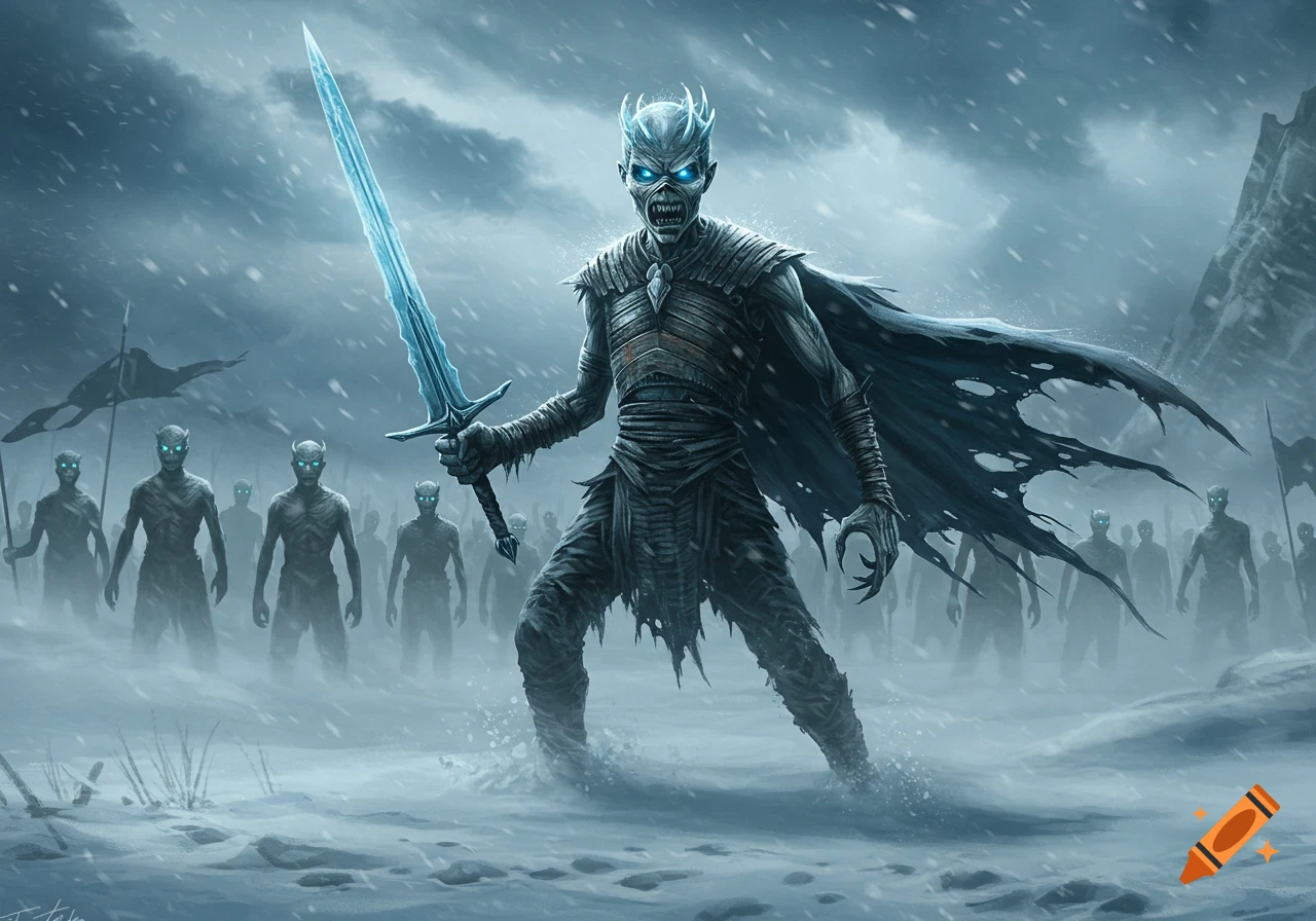 A towering skeletal White Walker with glowing blue eyes and a glowing sword leads an army of wights through a snowy, desolate landscape.