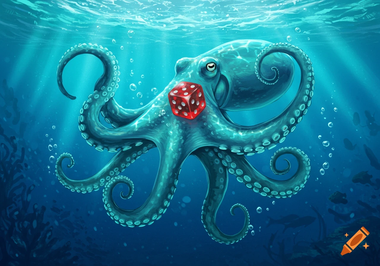 A vibrant blue-green octopus underwater, holding a bright red die on its head with sunlight streaming from above.