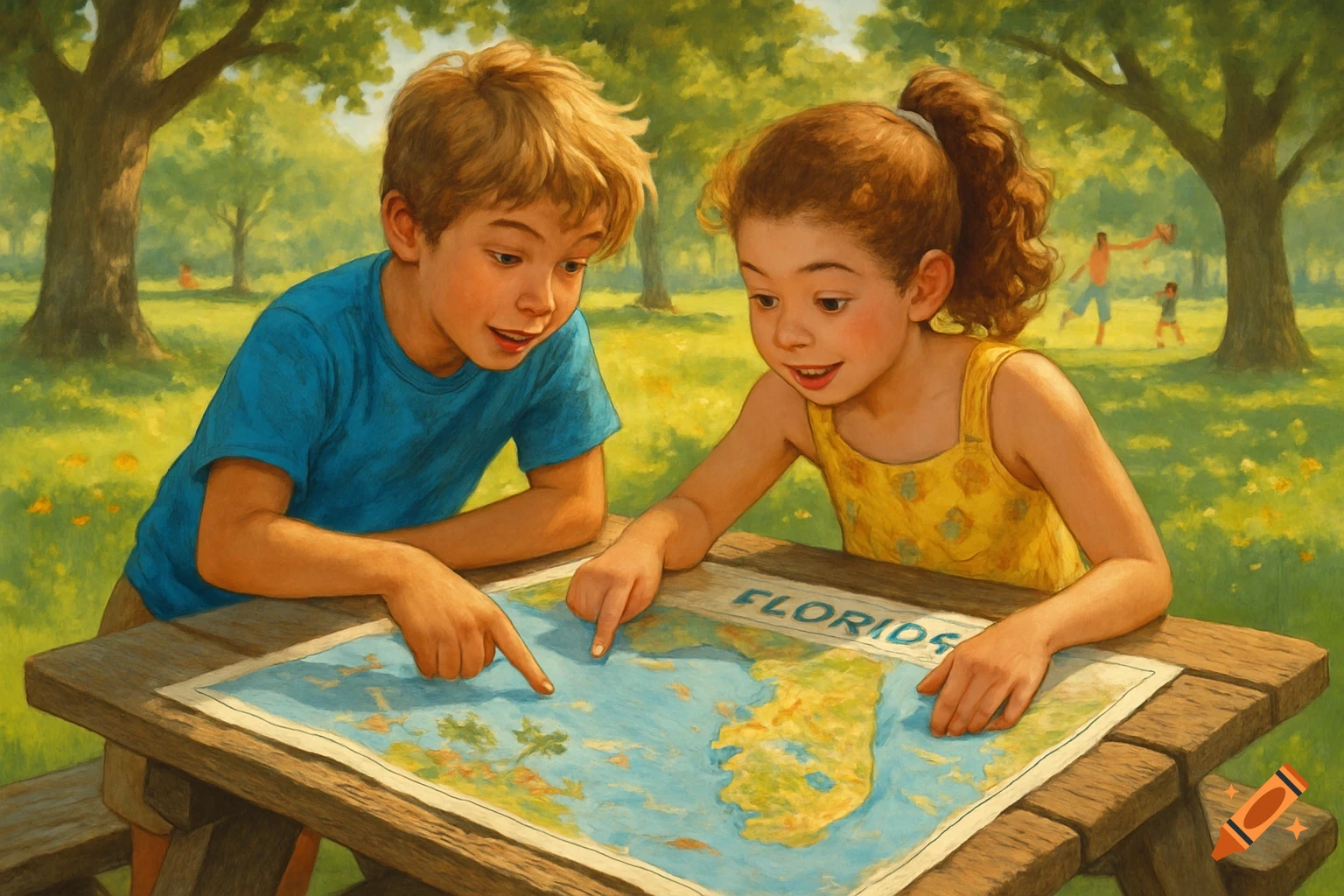A boy and a girl point at a map of Florida on a wooden picnic table in a sunny park, painted in an illustrative style.