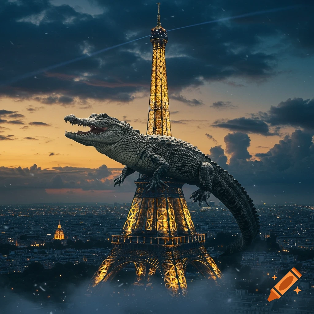 A giant alligator climbs the illuminated Eiffel Tower in Paris, overlooking the city skyline at sunset.