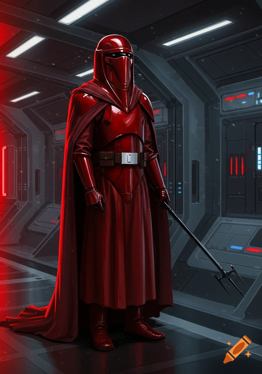A Star Wars Imperial Royal Guard in crimson armor and cape stands holding a staff in a dark sci-fi hallway, digital art.