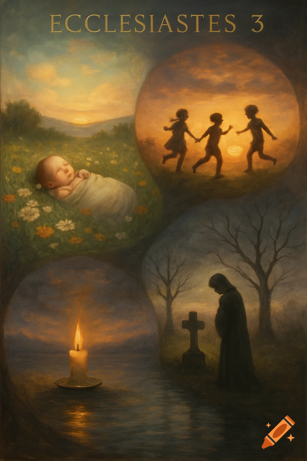 Painterly art depicting life stages: baby, playing children, candle, and person at grave, titled 'ECCLESIASTES 3'.
