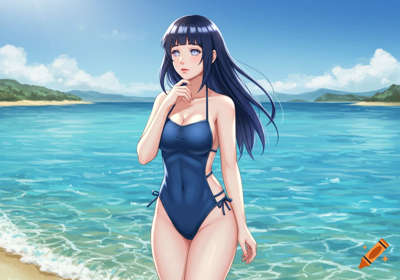 Anime character Hinata from Naruto in a blue swimsuit on a sunny beach with clear turquoise water and blue sky.