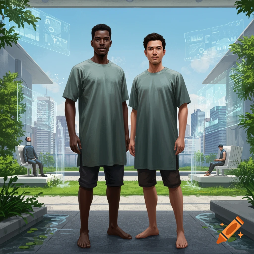 Two men stand barefoot in grey tunics and shorts in a modern, futuristic city park with transparent data screens and lush greenery.