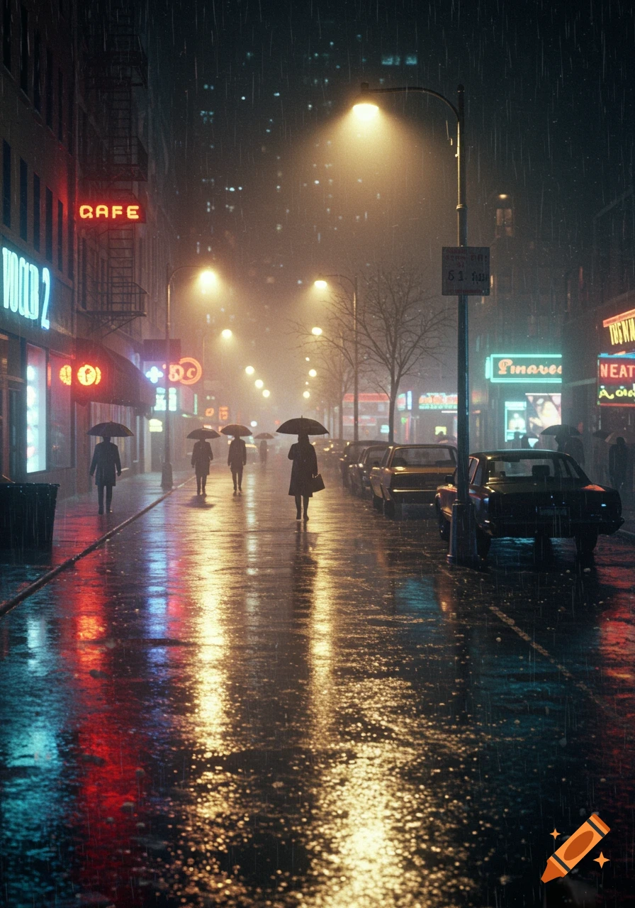 A dark, rainy New York street at night, with streetlights reflecting on the wet pavement. People with umbrellas walk past parked cars and neon signs on buildings, creating an early 1990s atmosphere.