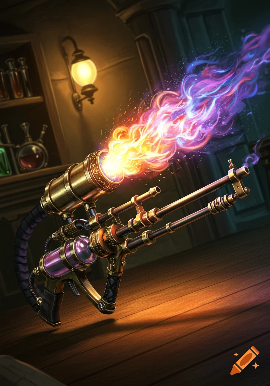 An ornate steampunk-style arcane flamethrower with two fuel tanks emits brilliant orange and purple flames in a dimly lit alchemist's workshop.