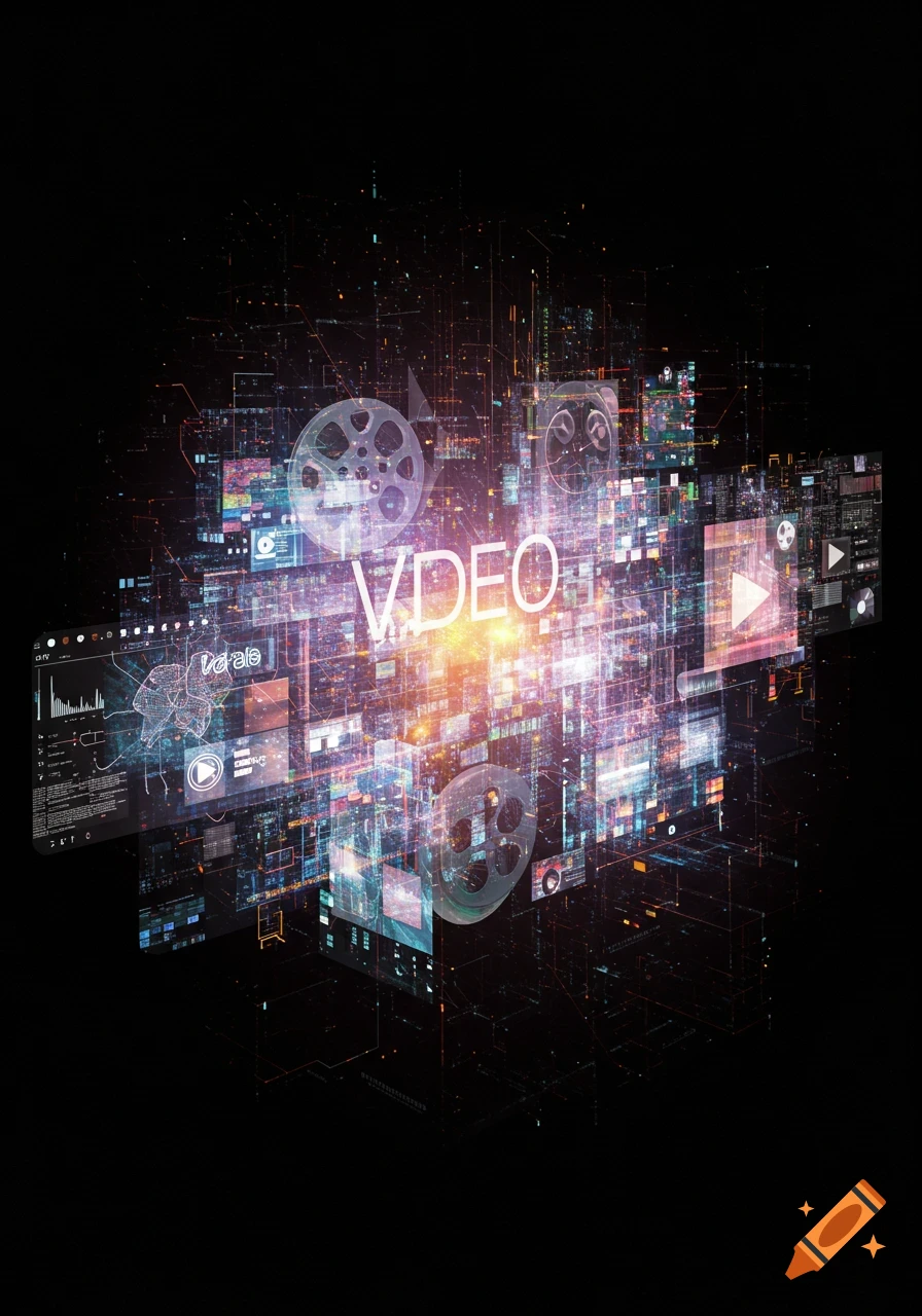 A futuristic digital network with glowing data streams, screens, and film reels, featuring the word 'VIDEO' at its center.