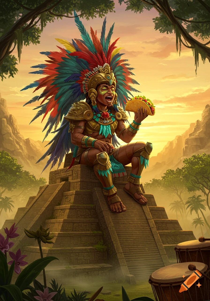 Smiling Aztec god in vibrant feathered headdress and golden armor sits on a temple, eating a taco with a jungle sunset backdrop.