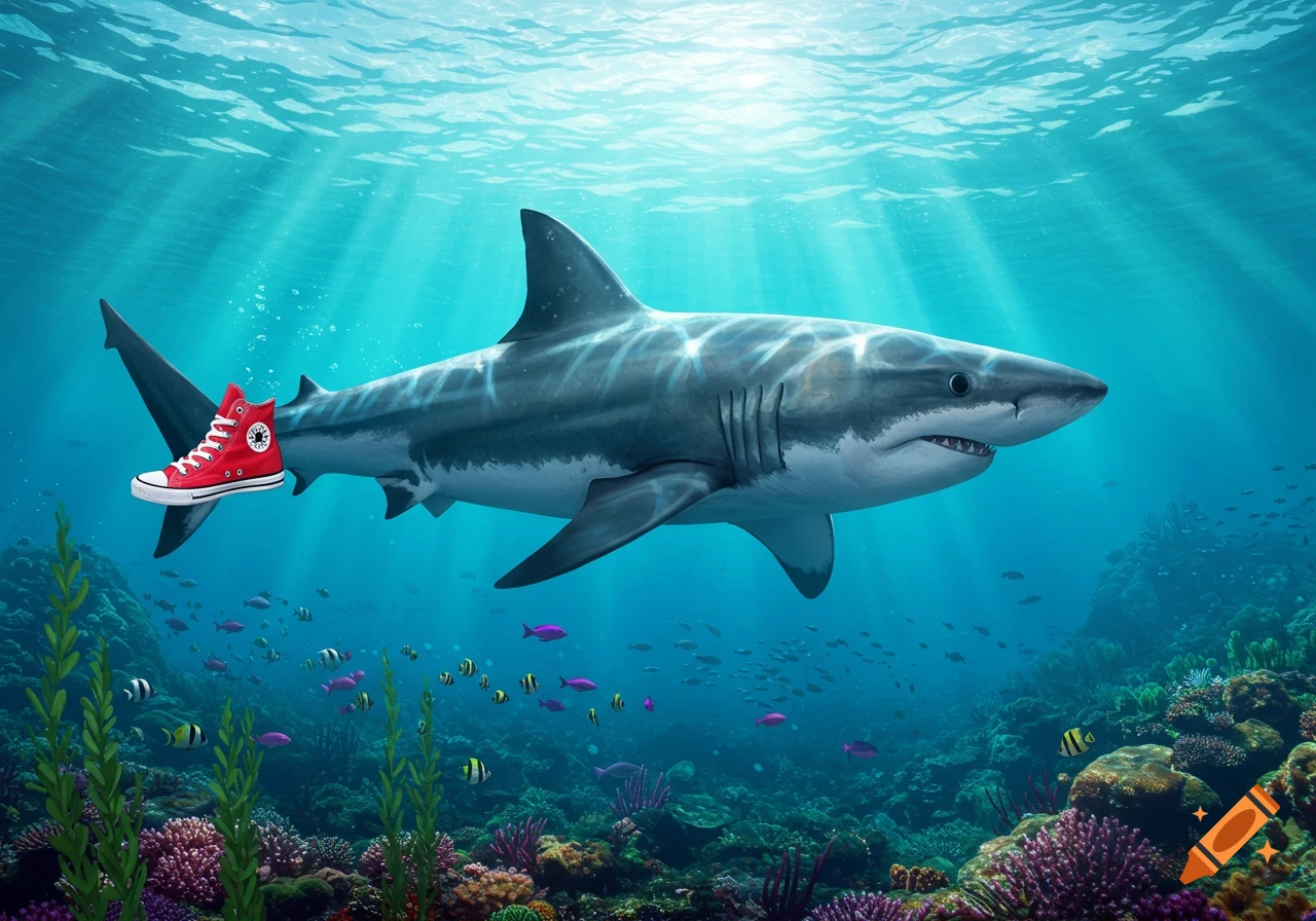 A great white shark swims over a colorful coral reef, wearing a red high-top sneaker on its tail, with sun rays from above.