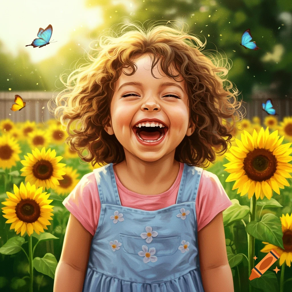A young girl with curly hair laughs joyfully in a sunny field of sunflowers with butterflies.