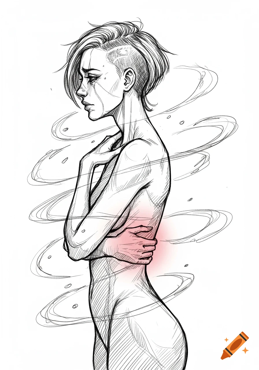 A black and white sketch of a female figure with short, shaved hair, holding her side with a red glow, conveying pain.